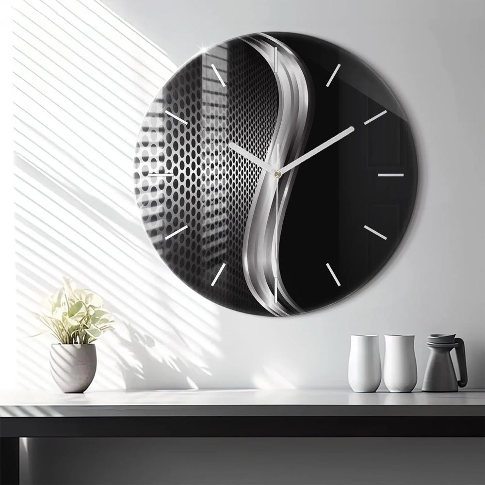 Black metal abstraction Glass Clock, Black Minimalistic Clock, Abstract Wall Clock, Personalized Clock