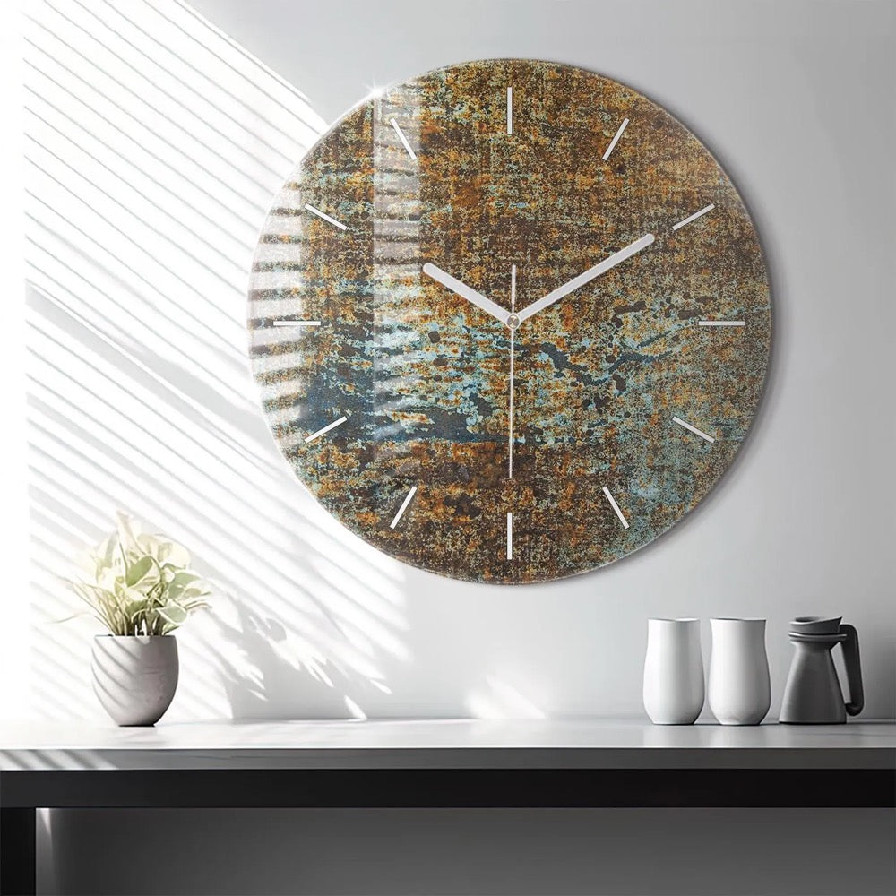 Old metal texture Glass Clock, Brown Printed Clock, Abstract Modern Wall Clock, Personalized Clock