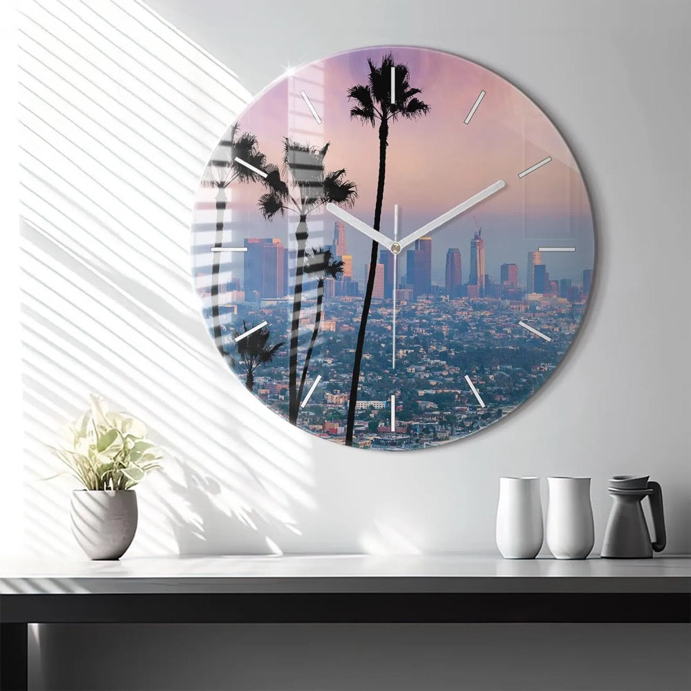 Sunset Los Angeles Glass Clock, Black Wall Clock, Landscape Hanging Clock, Personalized Clock