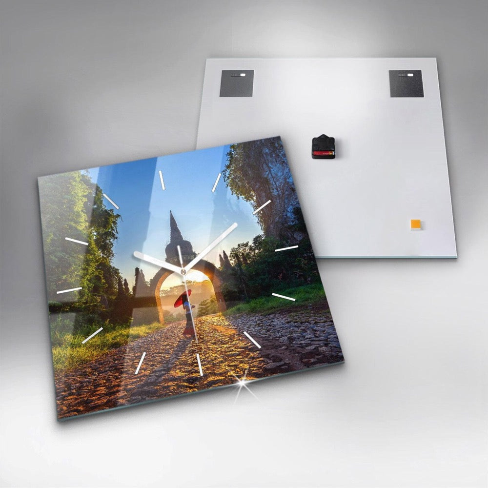 Surrat Thailan Surrat Park Glass Clock, Green Hanging Clock, Architecture Printed Clock, Custom Wall Clock