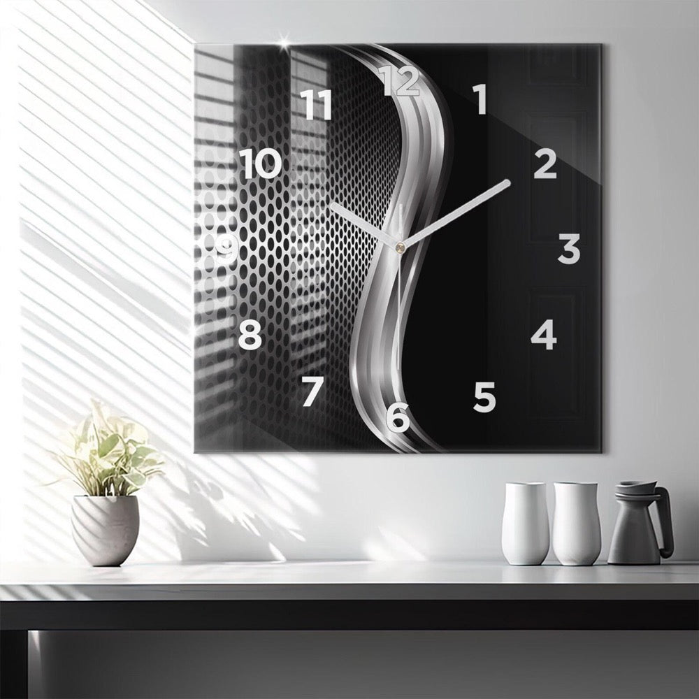 Black metal abstraction Glass Clock, Black Minimalistic Clock, Abstract Wall Clock, Personalized Clock
