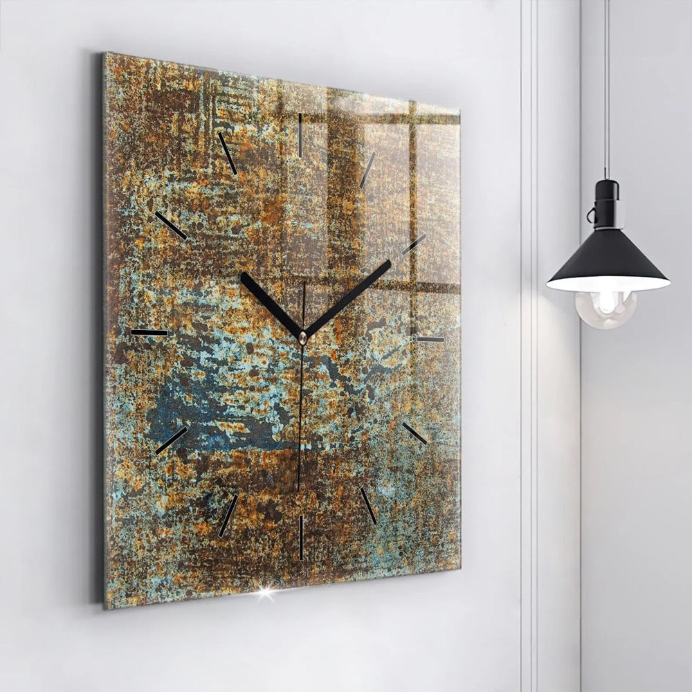 Old metal texture Glass Clock, Brown Printed Clock, Abstract Modern Wall Clock, Personalized Clock