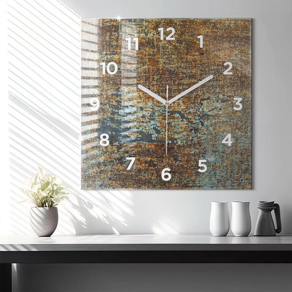Old metal texture Glass Clock, Brown Printed Clock, Abstract Modern Wall Clock, Personalized Clock