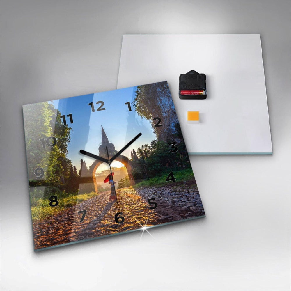 Surrat Thailan Surrat Park Glass Clock, Green Hanging Clock, Architecture Printed Clock, Custom Wall Clock