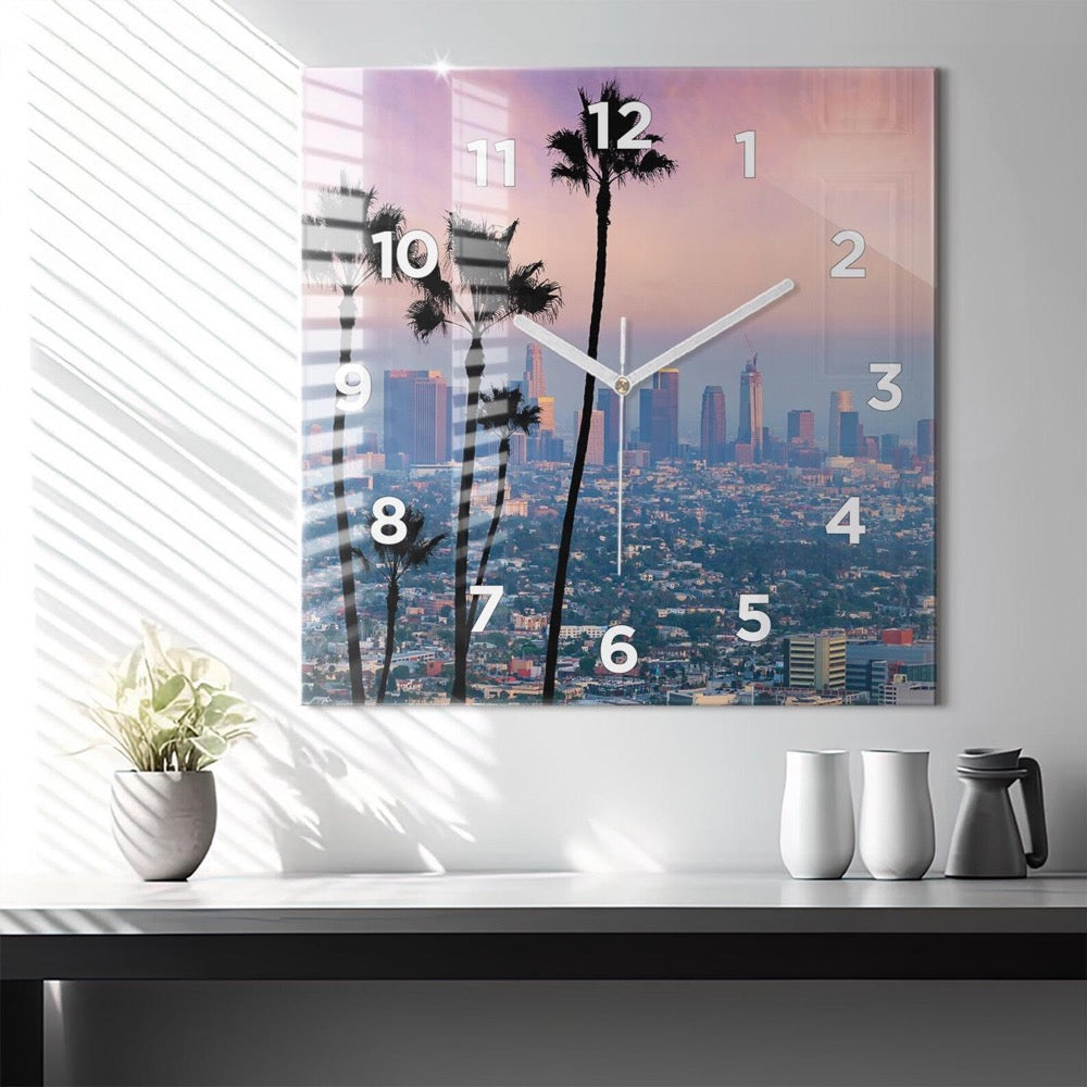 Sunset Los Angeles Glass Clock, Black Wall Clock, Landscape Hanging Clock, Personalized Clock