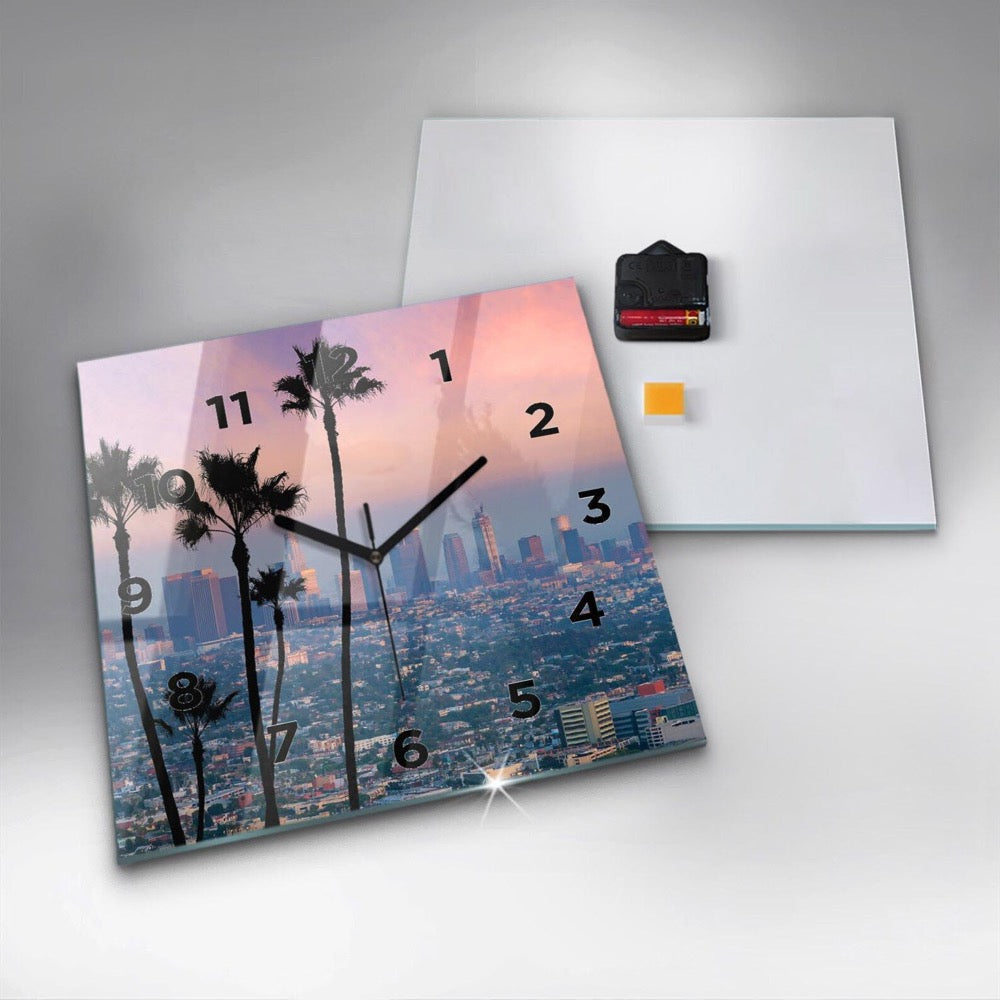 Sunset Los Angeles Glass Clock, Black Wall Clock, Landscape Hanging Clock, Personalized Clock