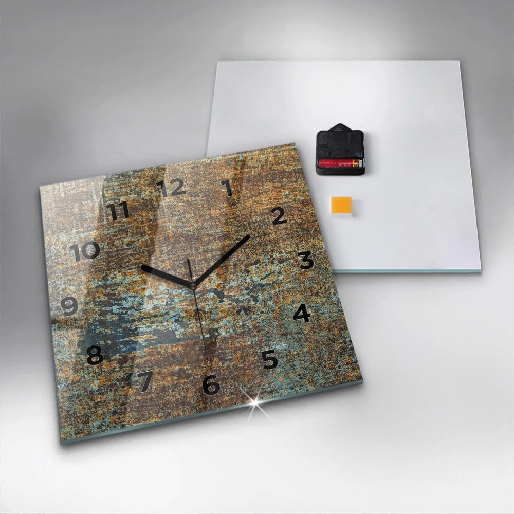 Old metal texture Glass Clock, Brown Printed Clock, Abstract Modern Wall Clock, Personalized Clock