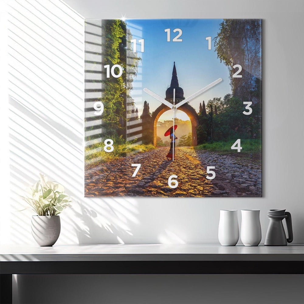Surrat Thailan Surrat Park Glass Clock, Green Hanging Clock, Architecture Printed Clock, Custom Wall Clock
